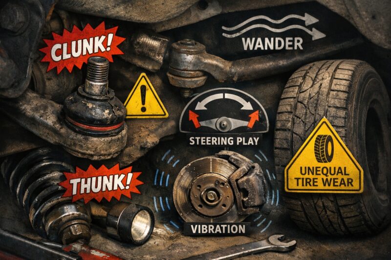 Symptoms in suspension and steering usually point to specific failing components